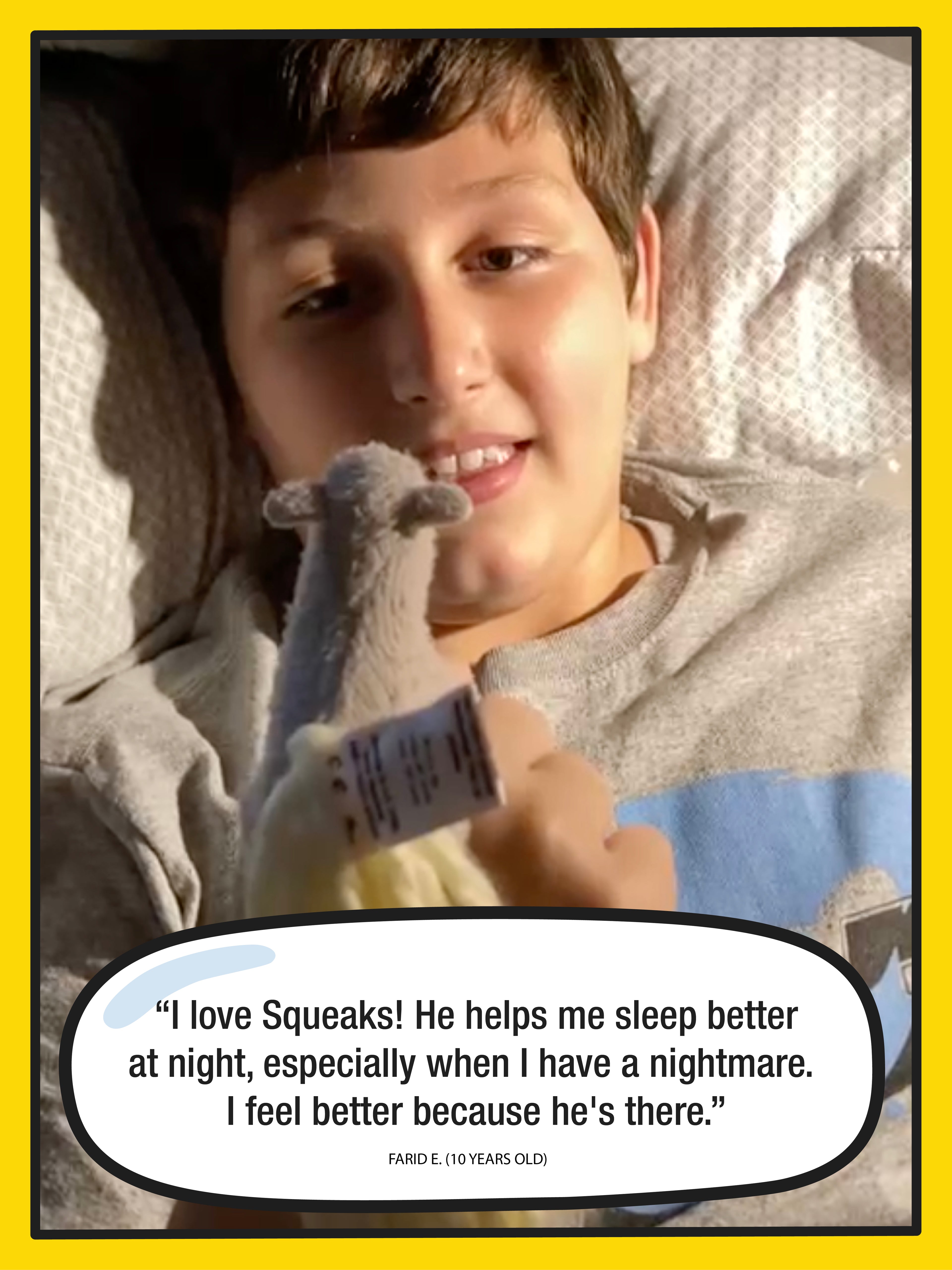 Child wearing a stuffed animal with a speech bubble about how it helps him sleep better at night.