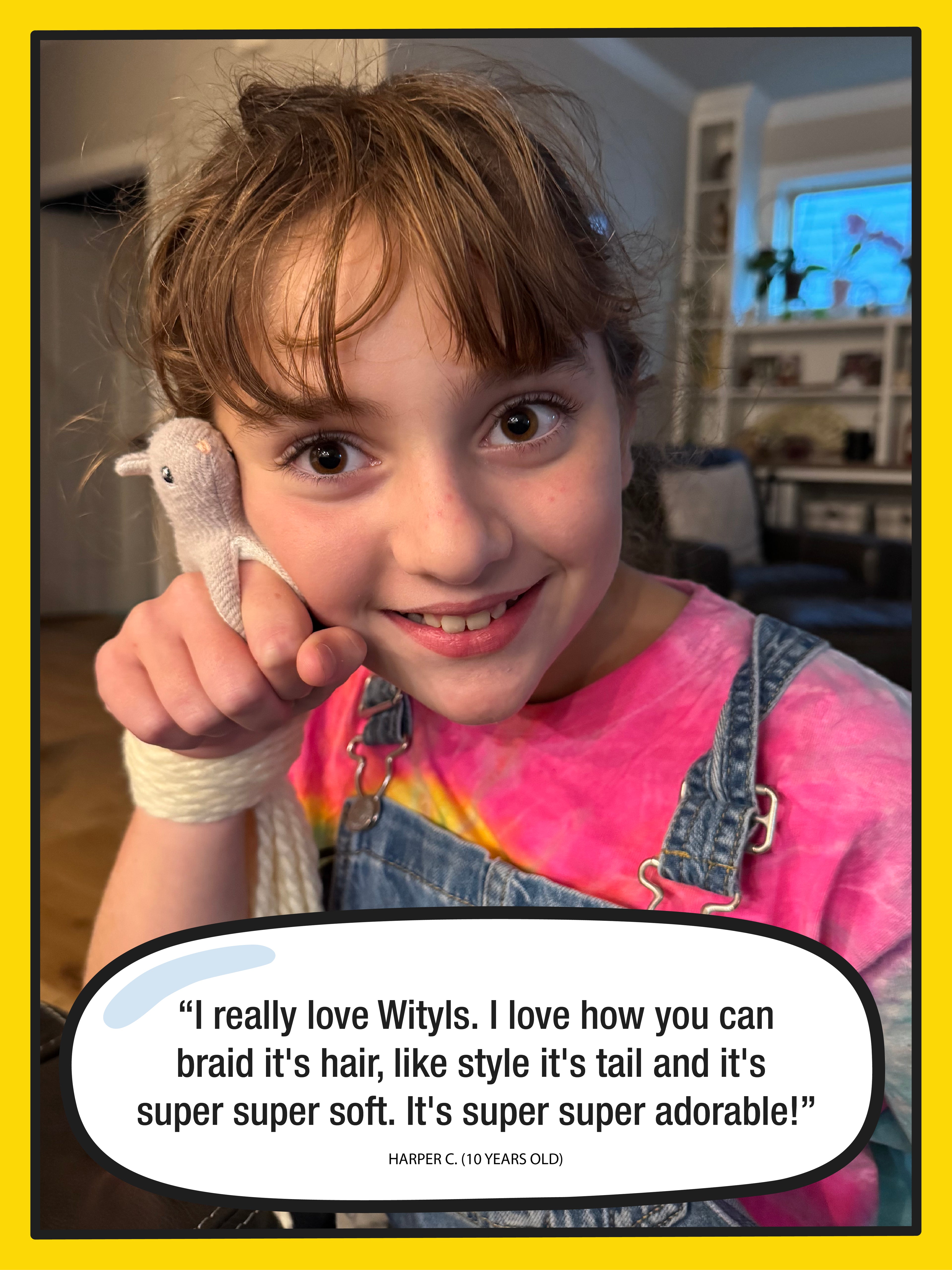 Child holding a Wityls toy with a quote about its softness and braid design.