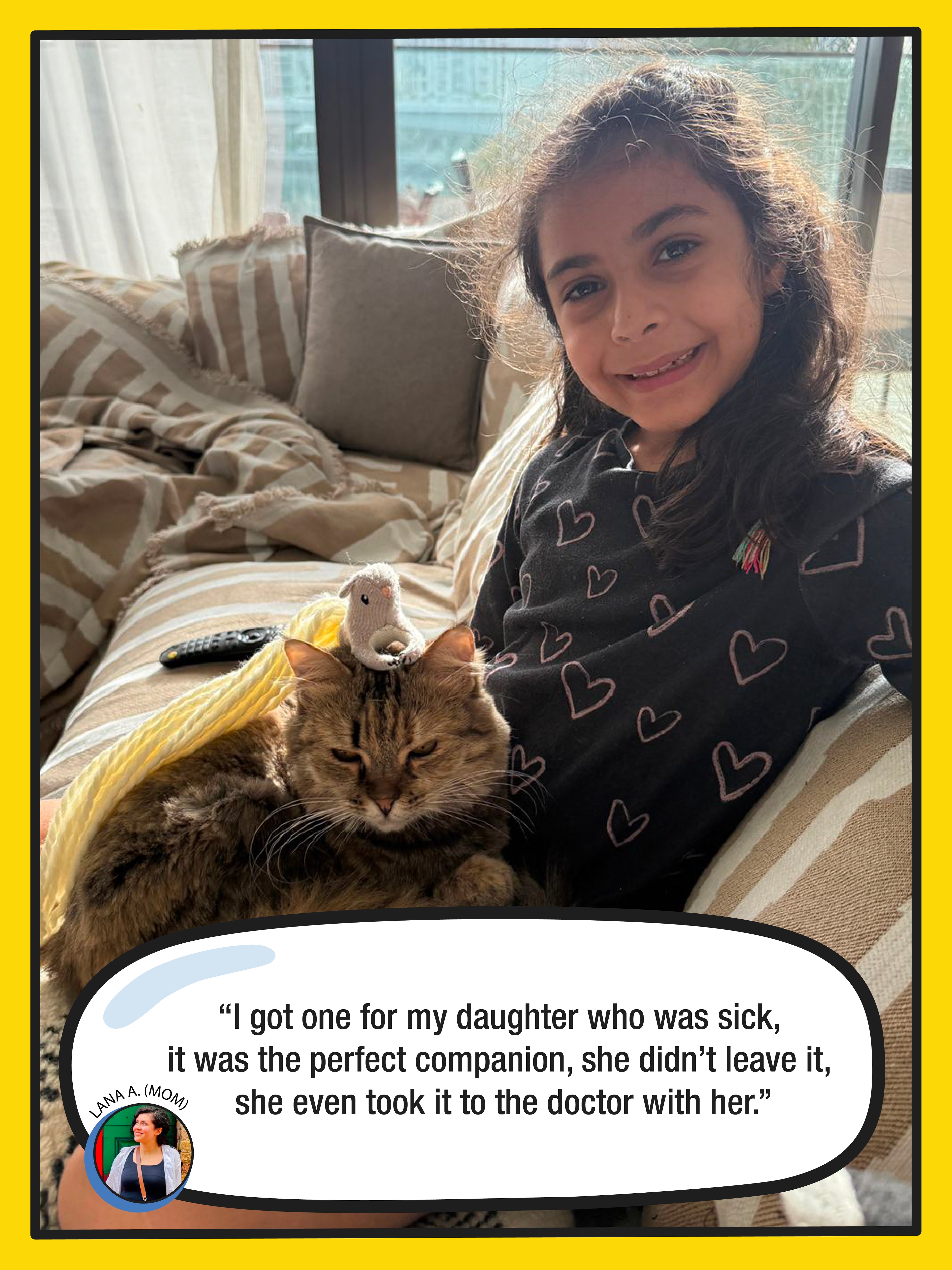 Girl with a cat on a couch, with a text overlay about a Wityls companionship.